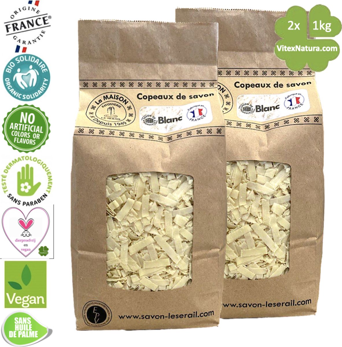 Goedkoopste Marseille zeepvlokken naturel | 2x 1kg | Zonder parfum en kleur | Ecologisch en Milieuvriendelijk | Le Serail | Multifunctioneel | Puur natuur