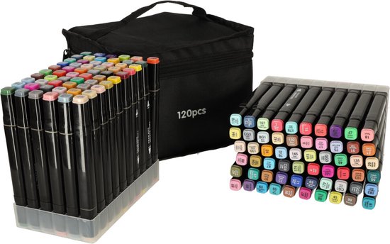 Gekleurde Markeerstiften – Dual-Tip Markers – Twinmarkers – Alcohol Markers – Kleurstiften – Stiften voor Volwassenen -Opbergtas met Houder – 120 Stuks