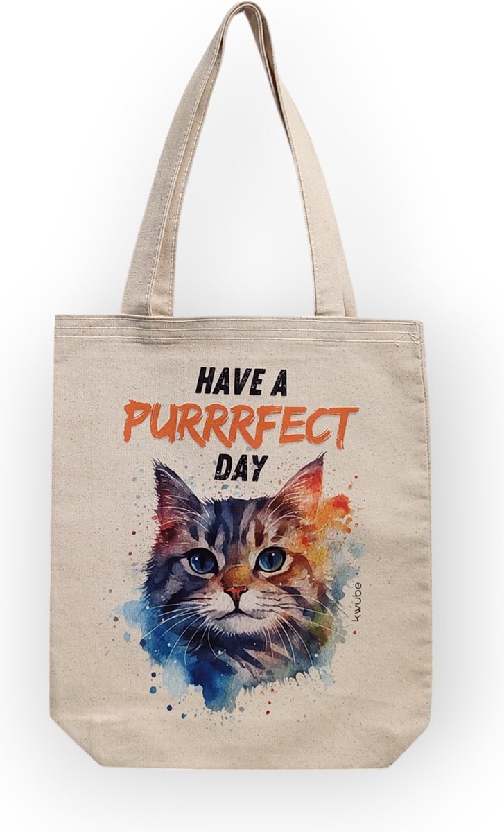 Kwube Dames Tassen - Shopper - Naturel Katoen - Linnen Tas - "Have A Purrrfect Day" Print - 35x40 cm - Katoenen Schoudertas - Boodschappentas - Natural Cotton Tote Bag - Cadeau Voor Haar - Grappige Cadeaus - Kat