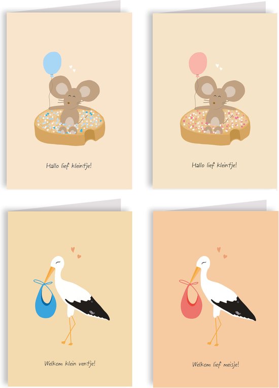 Vier kaarten: 2 met muis op donut, 2 met ooievaar die baby draagt (jongen en meisje).