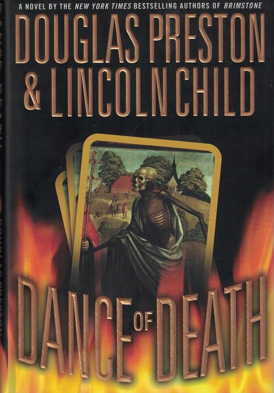 Couverture de livre avec des flammes et un squelette drapé, intitulée "Dance of Death" par Douglas Preston & Lincoln Child.