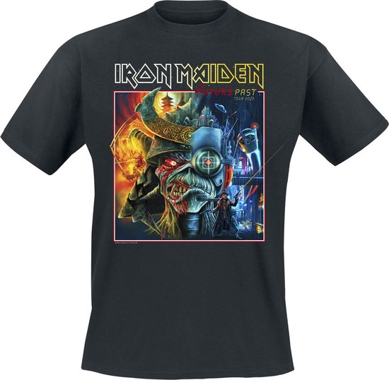 Zwart Iron Maiden 'The Future Past Tour' T-shirt met Eddie artwork, getoond op een effen achtergrond.
