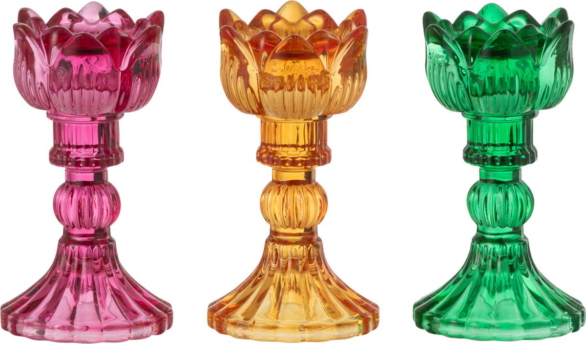 J-Line kandelaar Roos - glas - mix - 3 stuks Multi