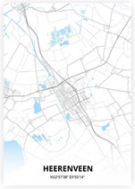 Heerenveen plattegrond - A4 poster - Zwart blauwe stijl