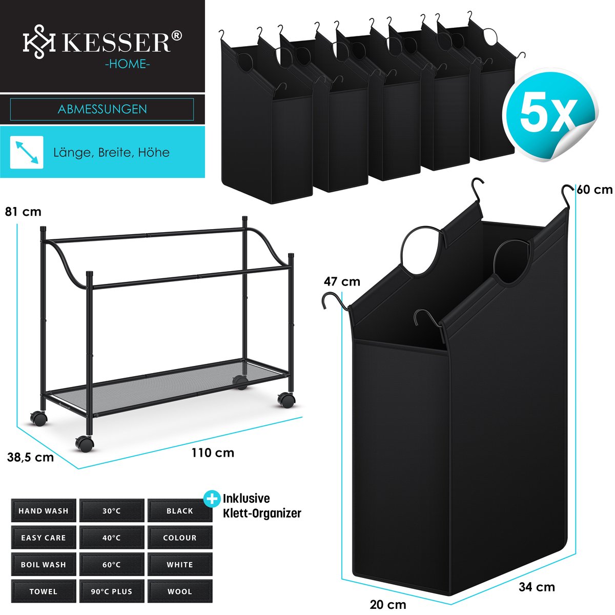 KESSER® Wasmand Met Deksel - Opvouwbare Wasbox - Wassorteerder Met Uitneembare 3x Waszakken Inclusie 3