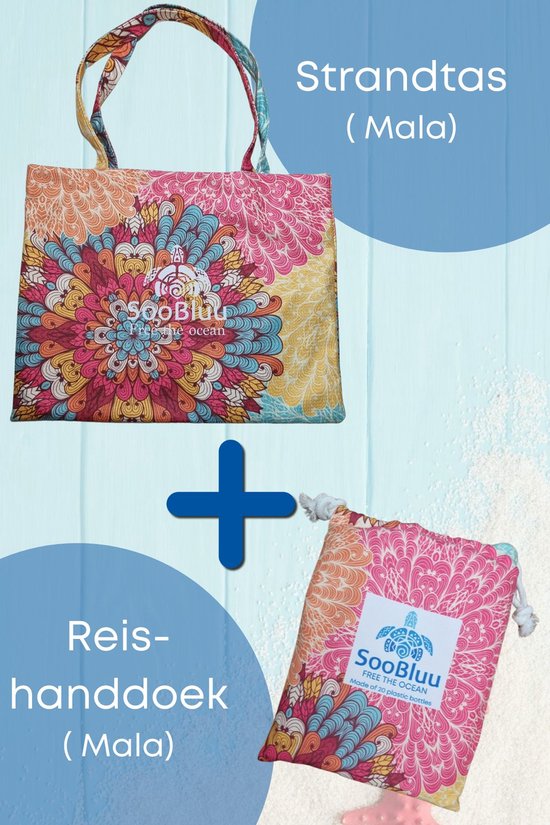 Strandtas en reishanddoek met felgekleurde mandala print, met tekst 'Strandtas (Mala)' en 'Reishanddoek (Mala)'.