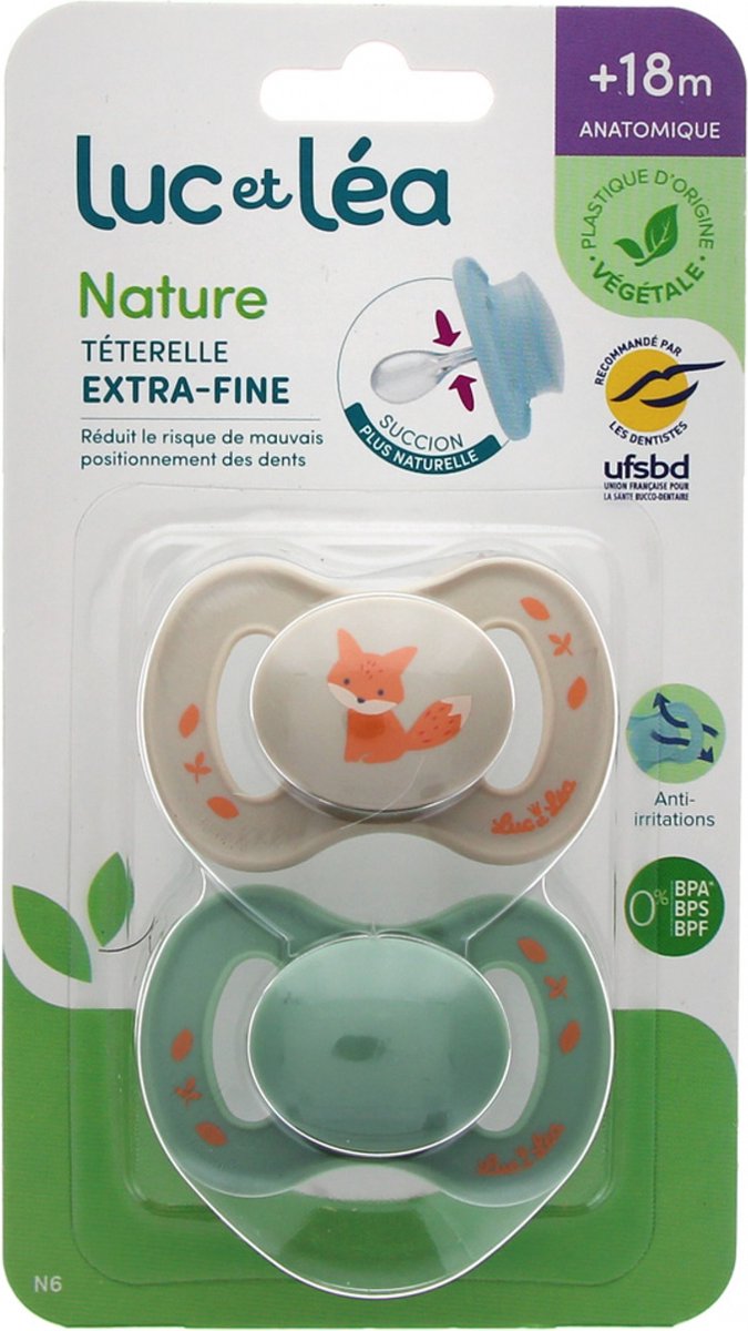 Luc et Léa Nature 2 Anatomische Fopspenen Extra-Fijn Tepel 18+ Maanden (Modellen : Mol Vos en Groen) van Merkloos — afbeelding 3
