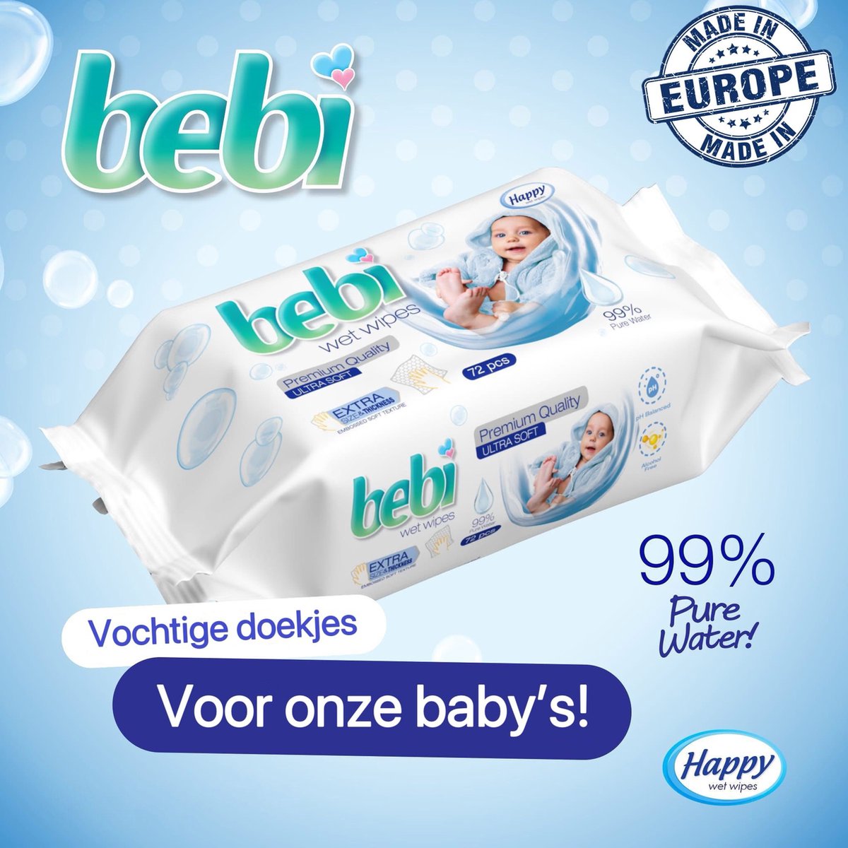 Goedkoopste Happy Wet Wipes Billendoekjes 99 procent water, Billendoekjes zonder chemicaliën, 6 x 72 doekjes, waterwipes voor baby's, Hypoallergene billendoekjes.