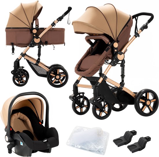 Luxe 3-in-1 Kinderwagen - Wandelwagen - Autostoeltje - Buggy - Reiswieg - Inklapbaar - 0-36 Maanden - Khaki van Cangaroo — afbeelding 3