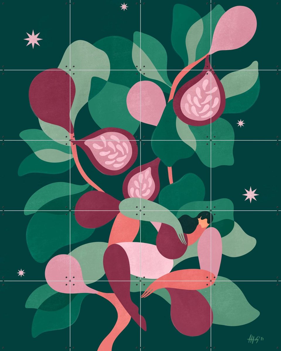 IXXI Figs at Night, Maggie Stephenson - 80 x 100 cm - Gratis ophangtool - Grote wanddecoratie en posters - Illustraties, Kleurrijk, Speels