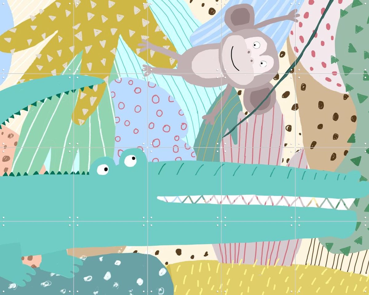 IXXI Funny Crocodile with Cheeky Monkey in Jungle, Carla Daly - 100 x 80 cm - Gratis ophangtool - Grote wanddecoratie en posters - Digitale Kunst