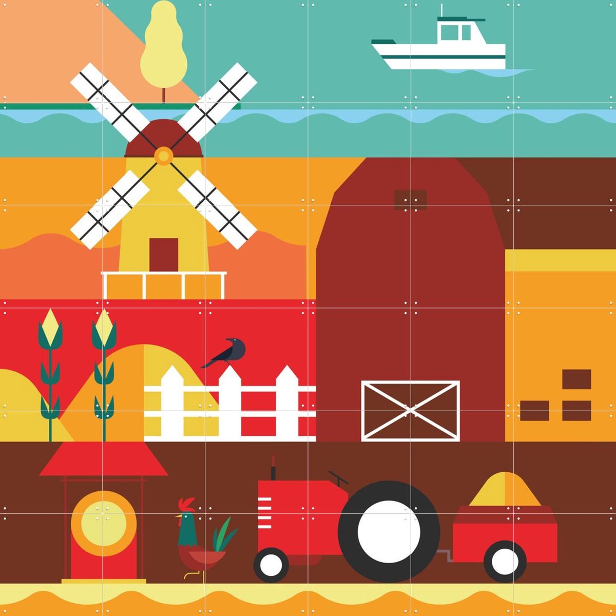 IXXI Farm, Studio Kars + Boom - 120 x 120 cm - Gratis ophangtool - Grote wanddecoratie en posters - Kleurrijk, Illustraties, Geometrische Kunst