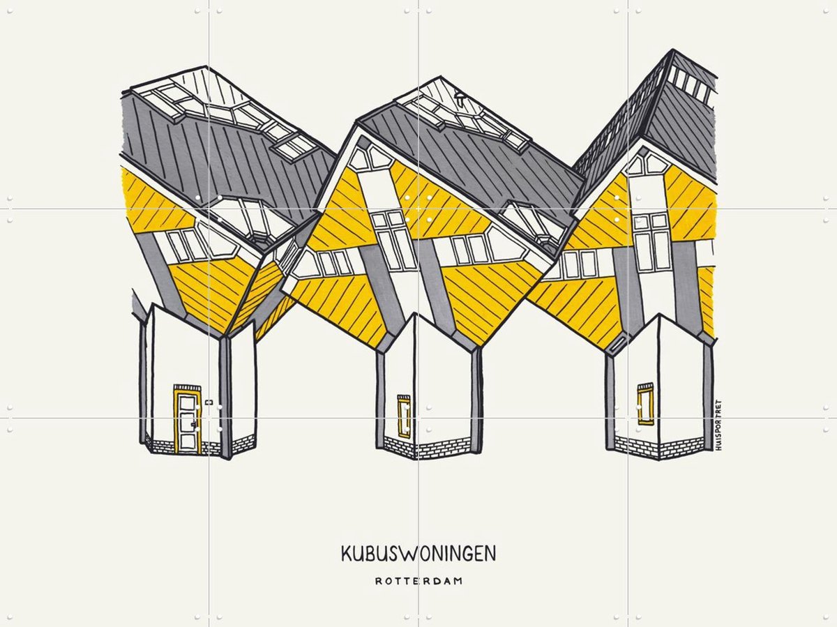 IXXI Cube Houses, Huisportret & Kunst in Kaart - 80 x 60 cm - Gratis ophangtool - Grote wanddecoratie en posters - Illustraties, Line art