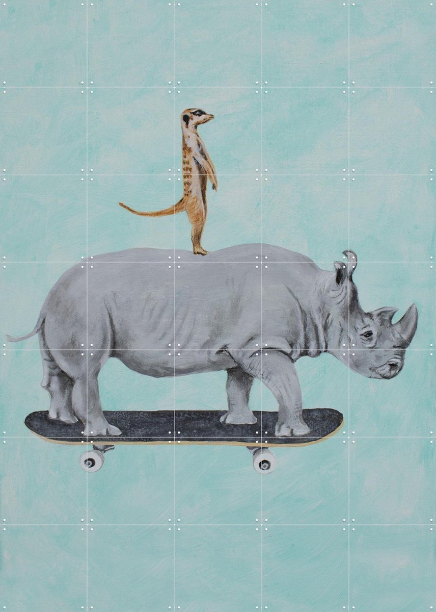 IXXI Rhinoceros and meerkat skateboarding, Coco de Paris - 100 x 140 cm - Gratis ophangtool - Grote wanddecoratie en posters - Illustraties