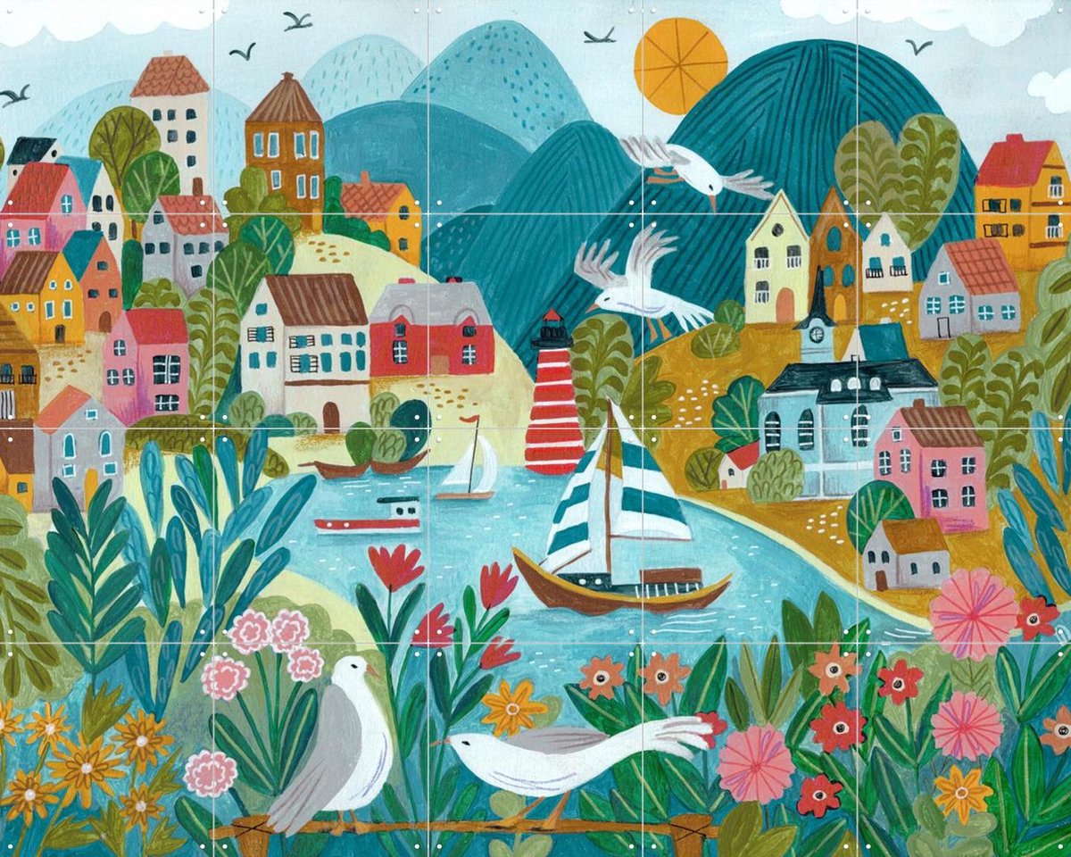 IXXI Coastal Village, Caroline Bonne Müller & Various - 100 x 80 cm - Gratis ophangtool - Grote wanddecoratie en posters - Aquarel, Fantasierijk