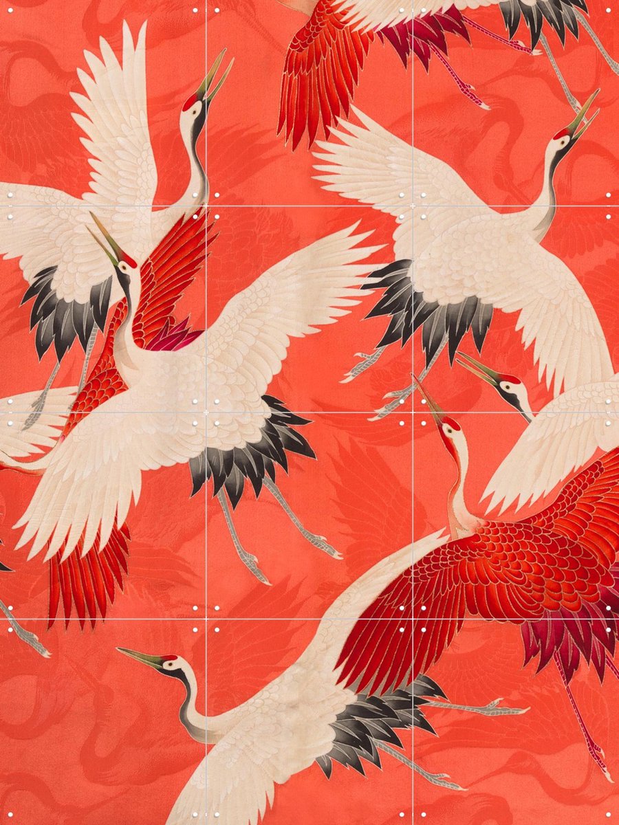 IXXI Kimono with Cranes Red, Rijksmuseum - 60 x 80 cm - Gratis ophangtool - Grote wanddecoratie en posters - Kleurrijk, Ukiyo-e, Illustraties