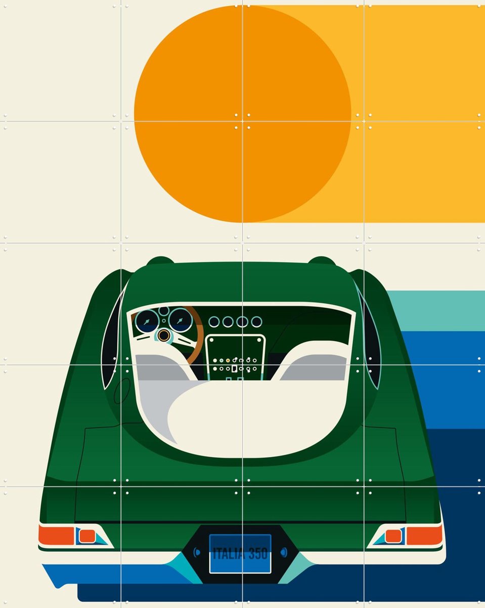 IXXI Green Vintage Car with Sun, Bo Lundberg - 80 x 100 cm - Gratis ophangtool - Grote wanddecoratie en posters - Vintage, Illustraties, Kleurrijk