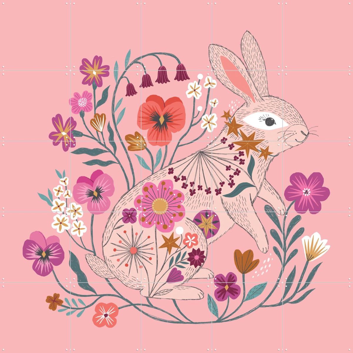 IXXI Luna Rabbit, Bethan Janine - 100 x 100 cm - Gratis ophangtool - Grote wanddecoratie en posters - Illustraties, Speels, Kleurrijk, Grafisch