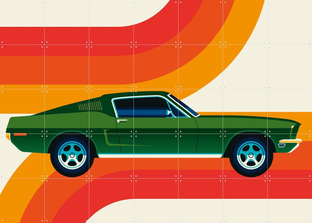 IXXI Green Vintage Sports Car with Stripes, Bo Lundberg - 140 x 100 cm - Gratis ophangtool - Grote wanddecoratie en posters - Retro, Grafisch Ontwerp