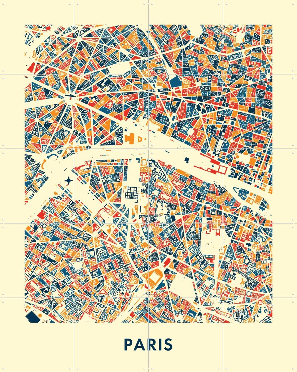IXXI Paris Mosaic City Map, Kunst in Kaart - 80 x 100 cm - Gratis ophangtool - Grote wanddecoratie en posters - Grafisch Ontwerp, Illustraties