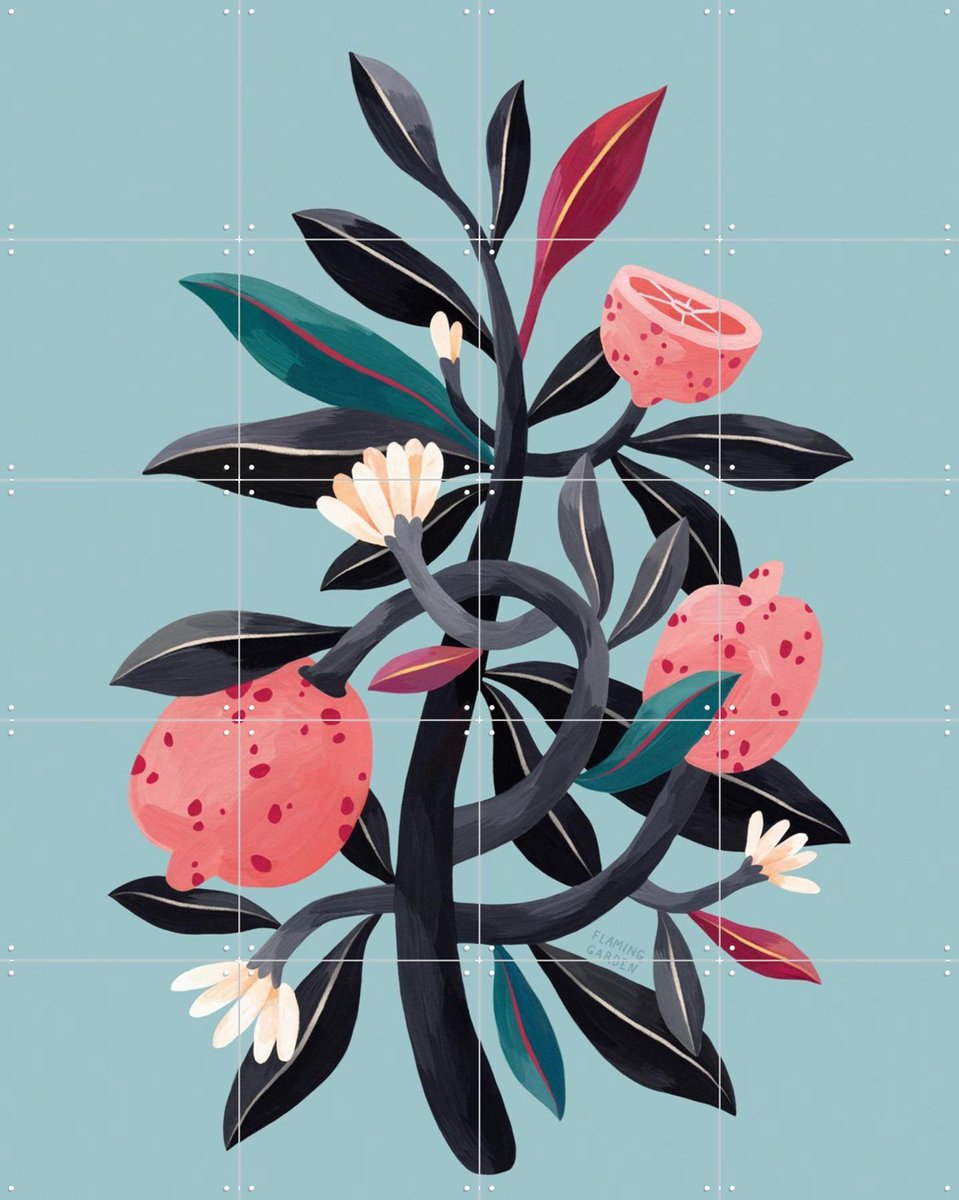 IXXI Lemon Tree, Flaming Garden - 80 x 100 cm - Gratis ophangtool - Grote wanddecoratie en posters - Digitale Kunst, Speels, Illustraties, Kleurrijk