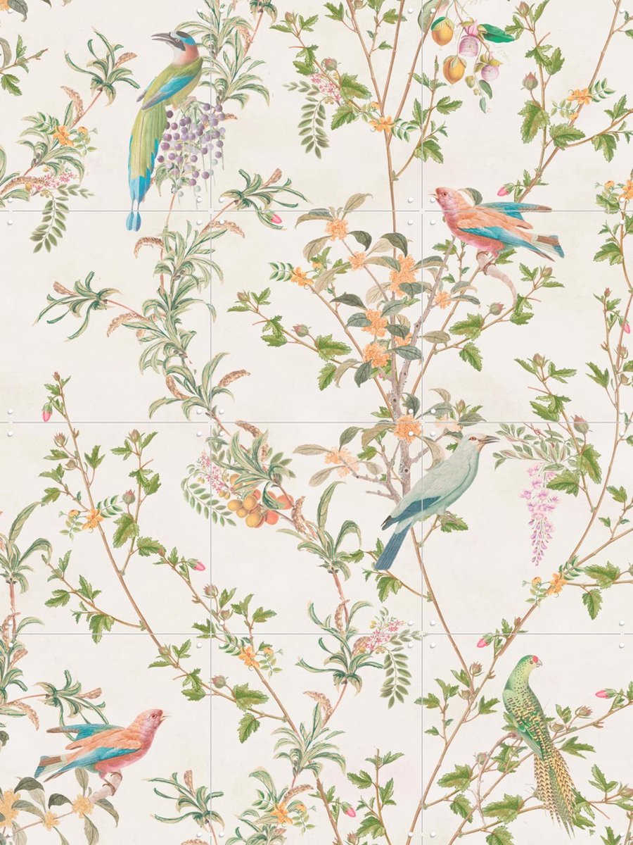 IXXI Chinoiserie vintage vines, fruit and birds - ivory, Bloomery Decor - 60 x 80 cm - Gratis ophangtool - Grote wanddecoratie en posters -
