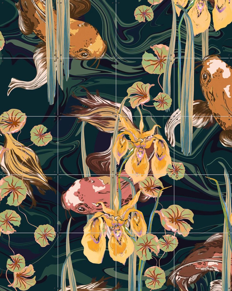 IXXI Koi Pond Petrol Olive, Marylène Madou - 80 x 100 cm - Gratis ophangtool - Grote wanddecoratie en posters - Art Nouveau, Illustraties, Digitale