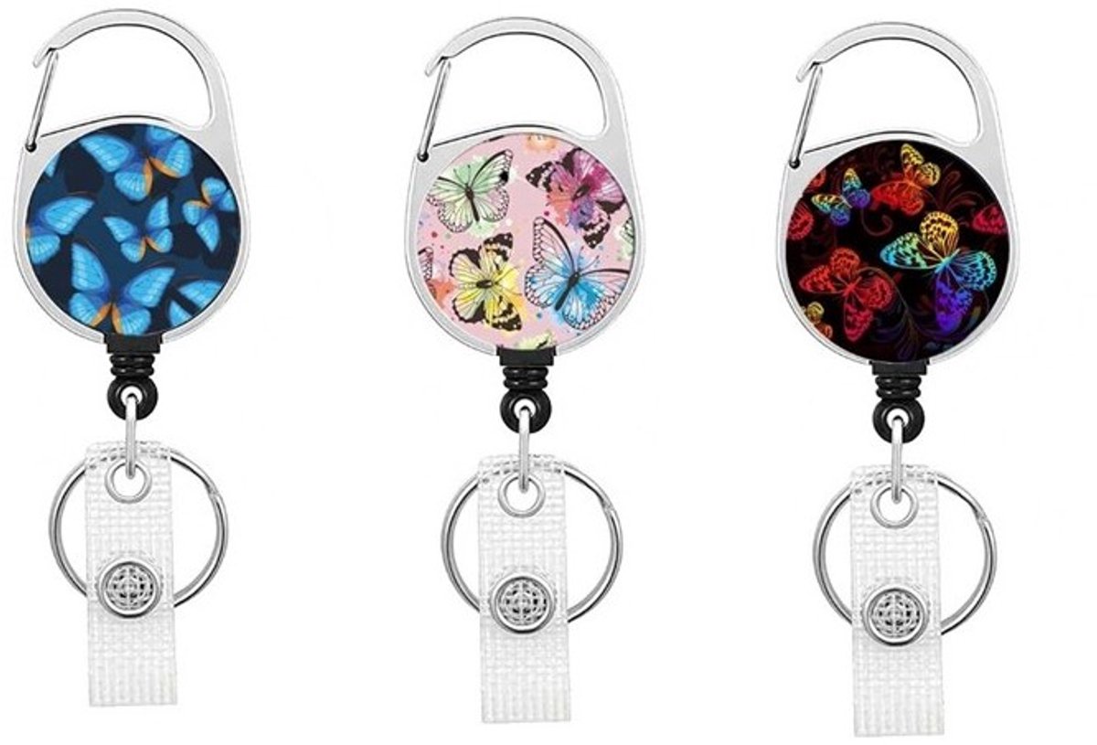 Mj Joys® - Badgehouder met trekkoord - 3-delige Set - Vlinderontwerp - Uitschuifbare Badgehouder met Clip - Badgehouder met afrolmechanisme - Badgehouder met trekkoord - Badge Houder - Badge - Badge houder verpleegkundige - Vlinders Roze Zwart Blauw