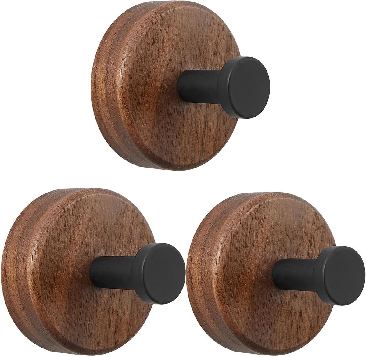 3 Stuks Lijmbare Houten Wandhaken Donkere Walnoot – Landelijk Design, Geen Boorwerk, voor 