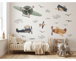 Vintage Vliegtuig & Wolken Muursticker – Kinderkamer muursticker - Zelfklevende Vinyl Wanddecoratie – Peel & Stick