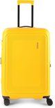 Gele American Tourister koffer met uitschuifbaar handvat en vier wielen. Het patroon op de voorkant bestaat uit schuine lijnen.