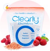 Zilverkleurig zakje Clearly Electrolytes met frambozen, roze zout en een medaille. Bevat 1000mg natrium, 667mg kalium, 100mg magnesium.