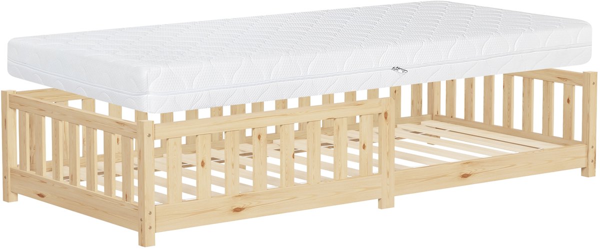 ml-design kinderbed junior peuter babybed 90x200 cm naturel H:16 cm met matras vloerbed massief grenenhout stevig lattenbodem valbeveiliging montessori kinderhuis speelbed huisontwerp eenpersoonsbed voor jongens en meisjes stabiel veilig comfortabel Natuur