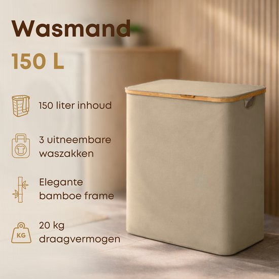 ACAZA Wasmand 3 vakken - Wasmand Met Deksel - 150 L - Bamboe - 60 x 38,5 x 70,5 cm - Zand