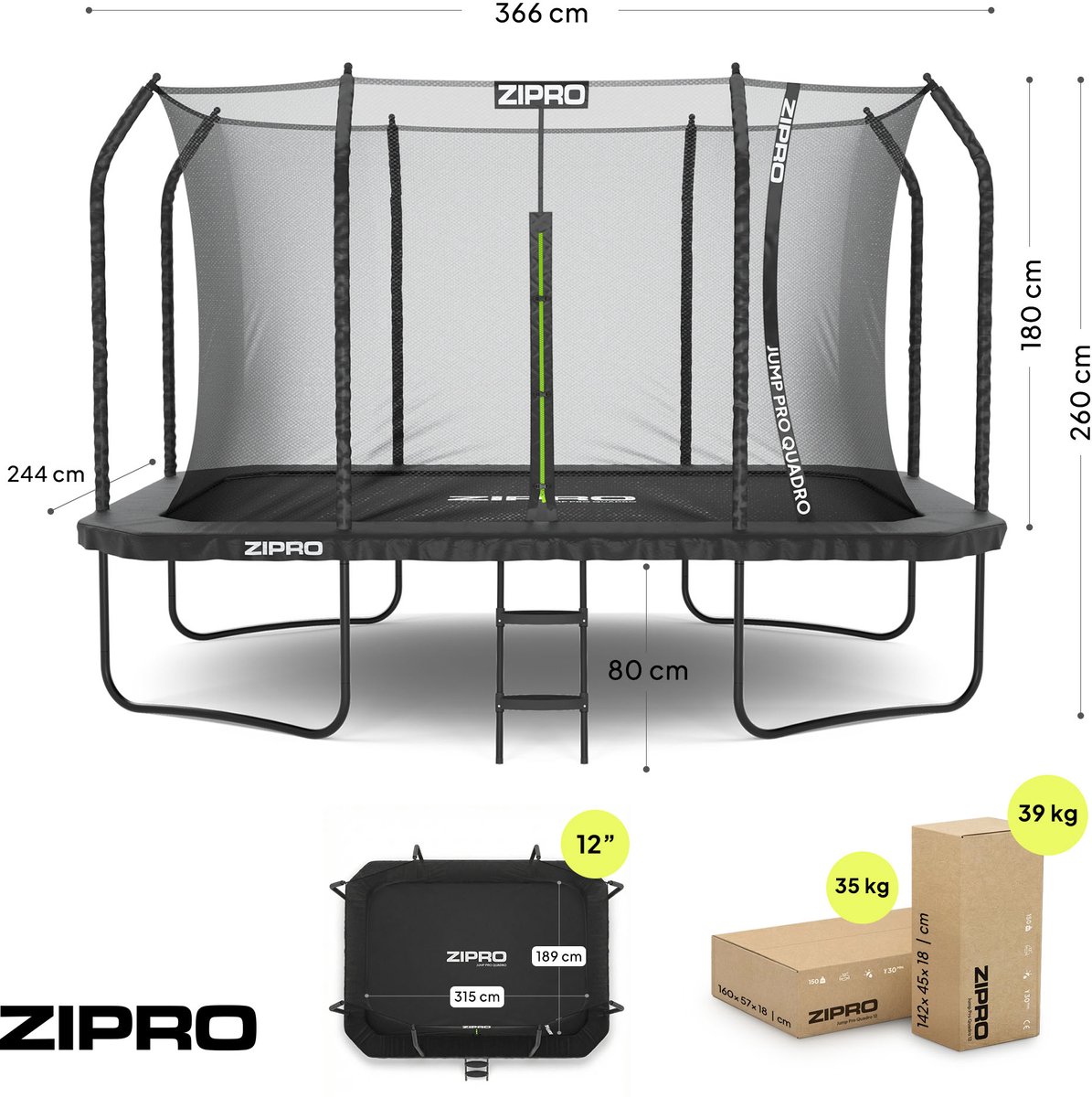 ZIPRO® JumpPro Quadro 8x12FT - Tuintrampoline - 366x244 cm - Met ladder - Max. belasting 150 kg - Dubbele sluiting - Veerbeveiliging - CROSS-SECTION-systeem - Zwart — afbeelding 2