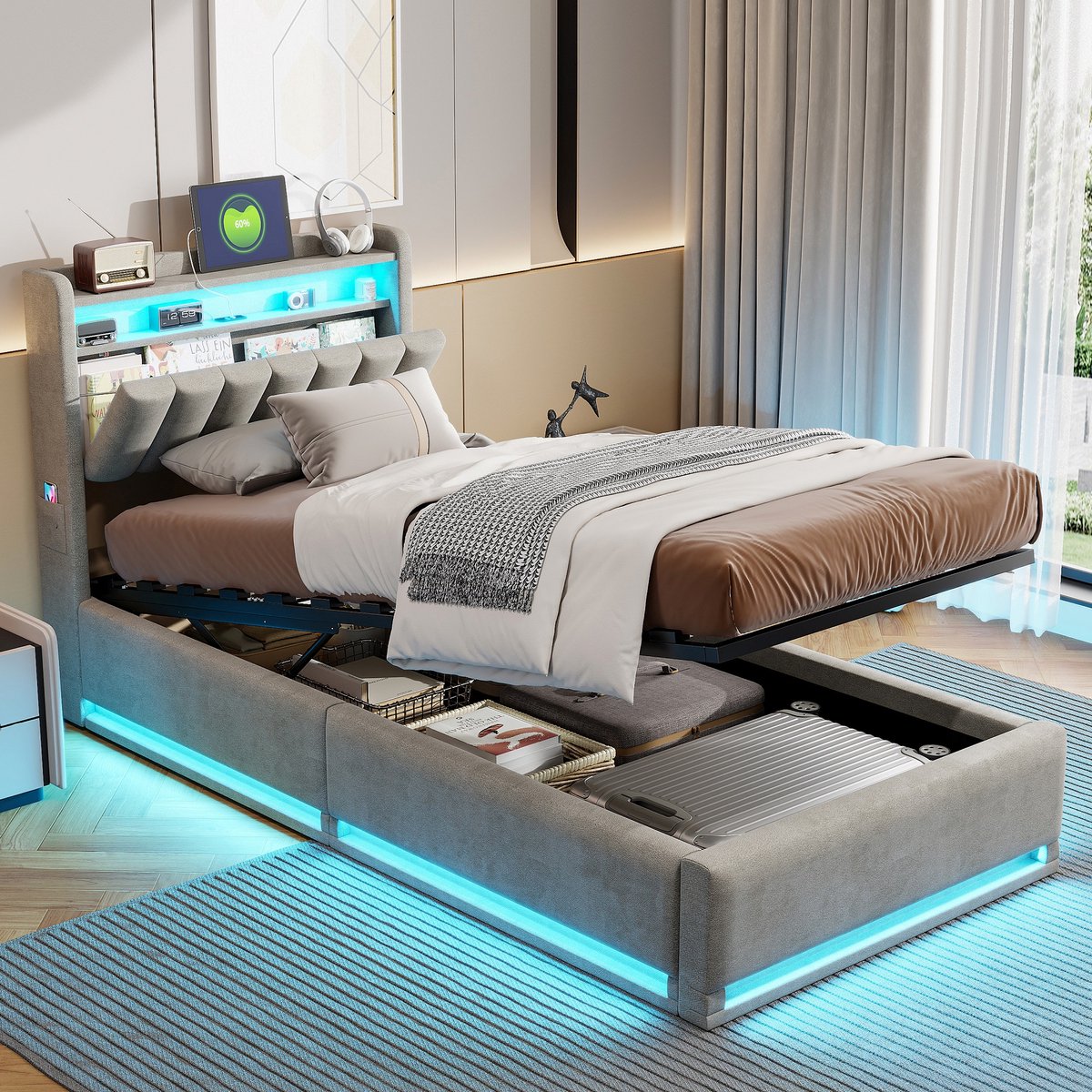 ROSAHQNDA Kinderbed met opbergruimte 90 x 200 cm, LED eenpersoonsbed met USB-aansluiting, lades, bed, zonder matras (verzonden in 2 pakketten) F-Velvet hydraulisch bed