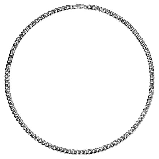 Een glanzende zilverkleurige schakelketting in een cirkelvorm op een witte achtergrond.