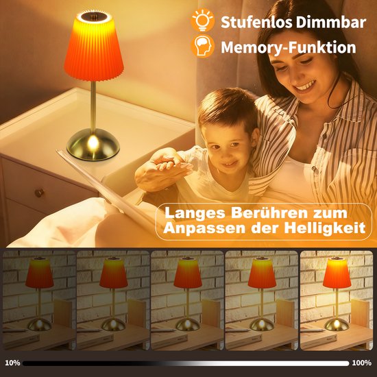 NETTLIFE Tafellamp LED 2 Stuks - Oranje-rood - Touch Dimbaar 3 Kleurtemperaturen - USB Oplaadbaar Draadloos - Voor Eetkamer Slaapkamer Woonkamer Hotel Buiten