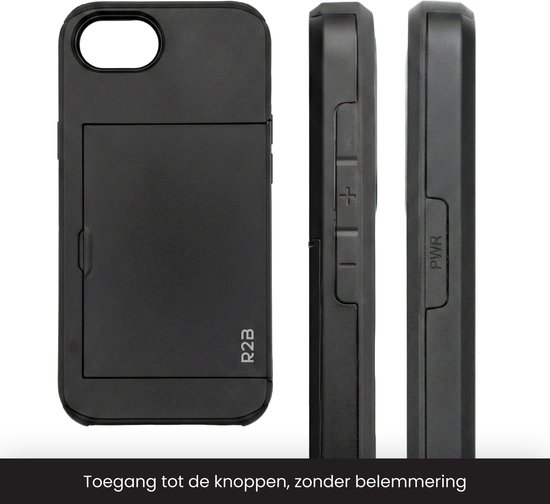 Côtés de la coque de téléphone R2B noire avec porte-cartes, montrent les boutons.