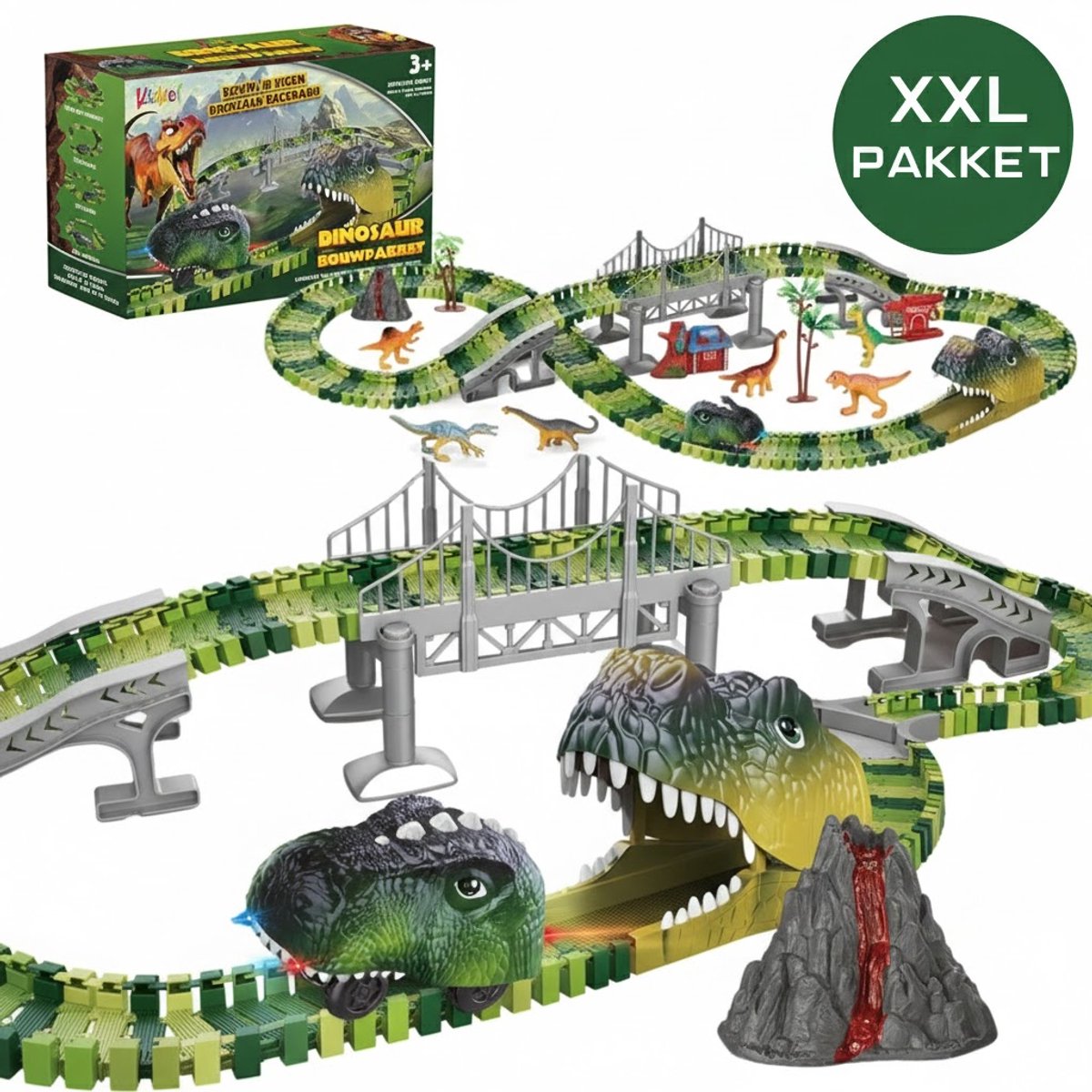 Kiddel Dinosaurus Racebaan XXXL – 416-delig Uitbreidbaar Dino Racecircuit – 3 Elektrische Dino Auto’s met Licht – Flexibele Klikbaan – Speelgoed vanaf 3 Jaar
