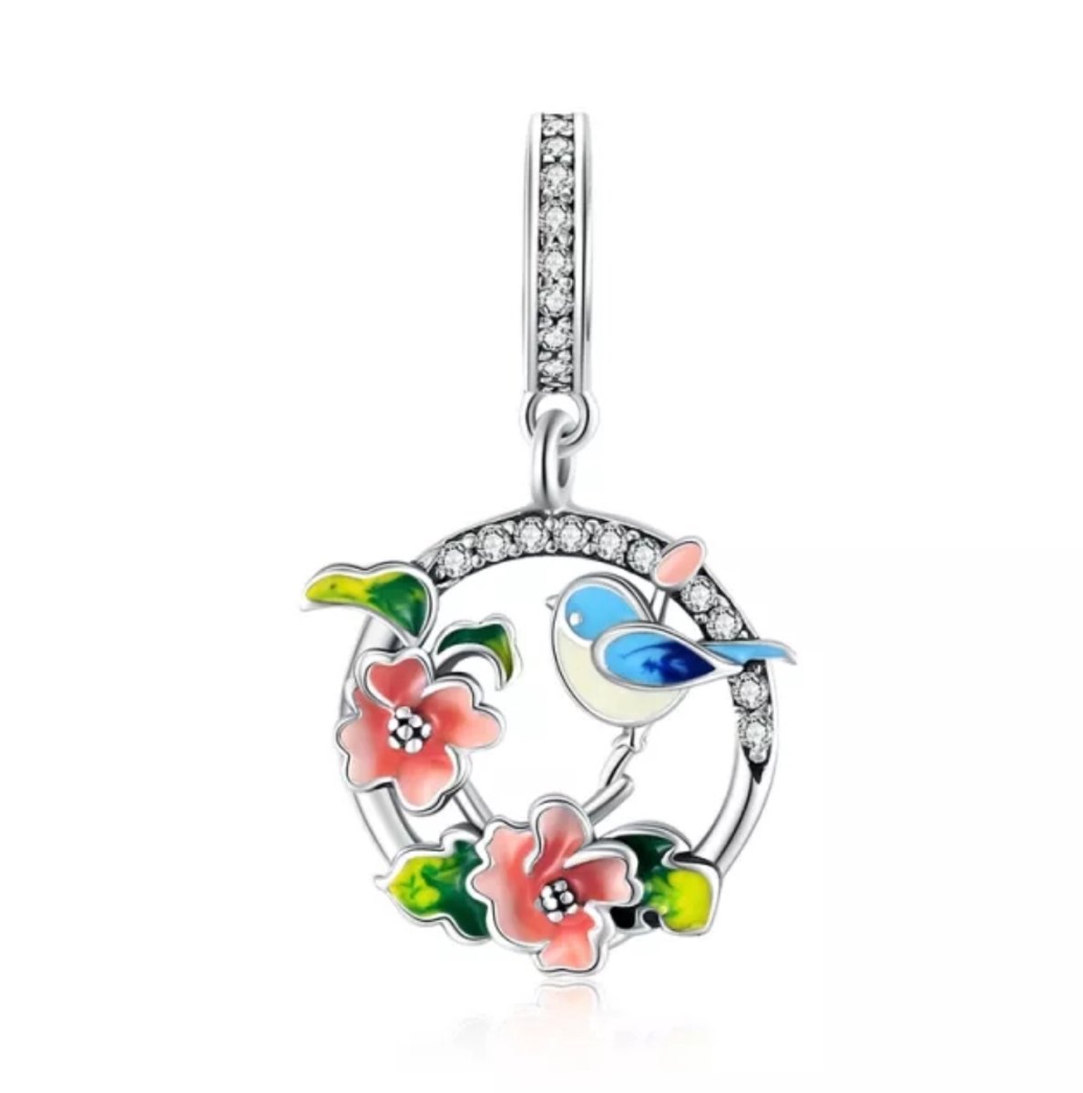 Romystones - Vogel en bloemen bedel voor bedelarmband - Zilver - Moederdag cadeau