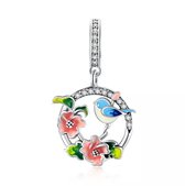 Romystones - Vogel en bloemen bedel voor bedelarmband - Zilver - Kerst Cadeau