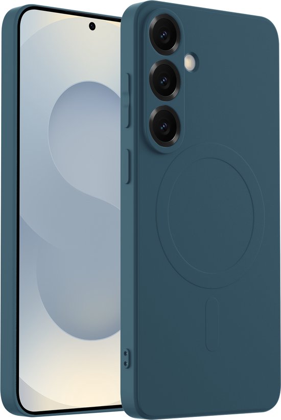 Coque de téléphone bleue pour Samsung Galaxy S25 Plus, avec cercle MagSafe et bords surélevés.