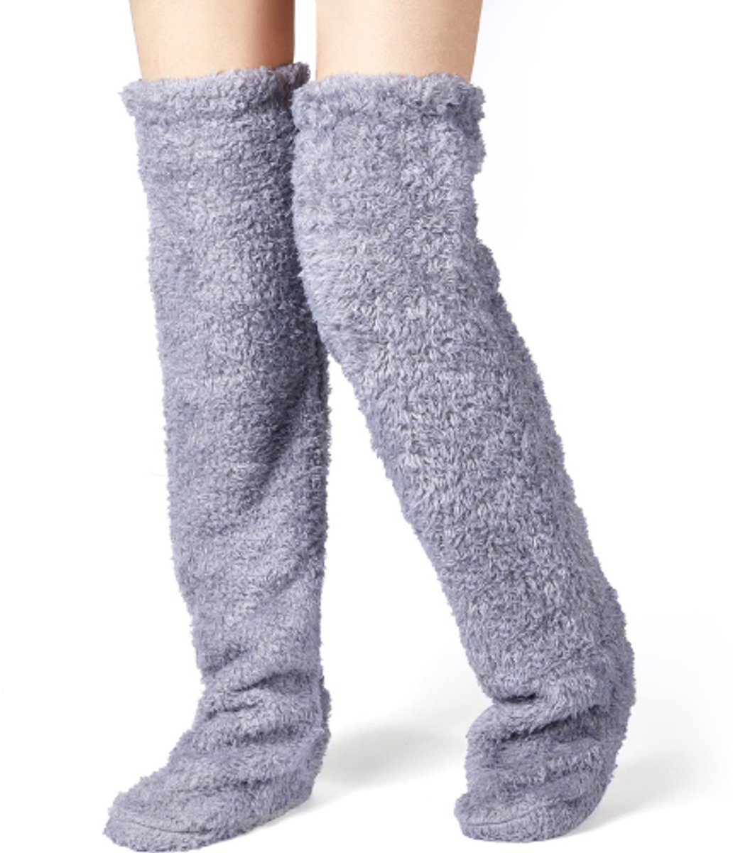 Beenwarmers – Lange Huissokken – Fluffy Sokken – Fleece Overknee Sokken – Warme Dikke Sokken – Onesize – Comfort Sokken voor Thuis & Winter – 1 Paar – Paars/Grijs