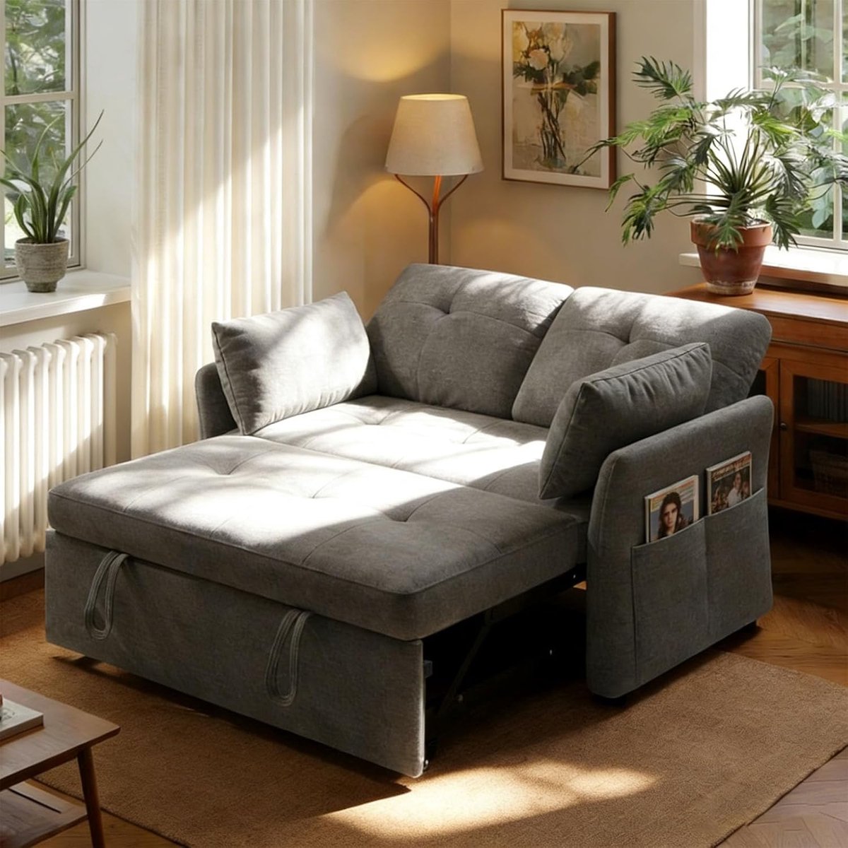 Slaapbank 3-in-1 2-Zits – Verstelbare Rugleuning 5-Traps – Met Kussens & Opbergvakken – Linnen Grijs – 168 x 105 cm – Voor Kleine Ruimtes & Logeerkamer – Pauwhome