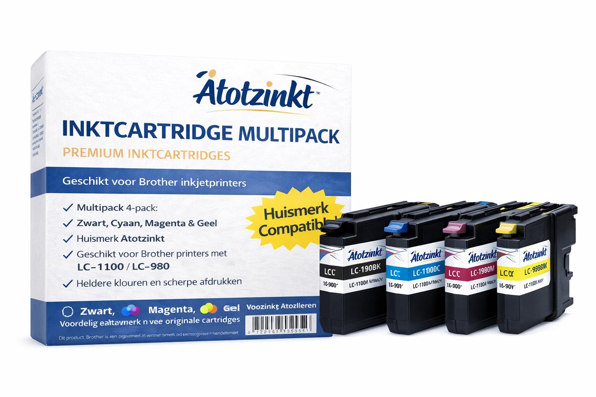 Multipack van 4 x Atotzinkt Inktcartridge Multipack LC-1100 / LC-980 – Zwart, Cyaan, Magenta, Geel – Geschikt voor Brother