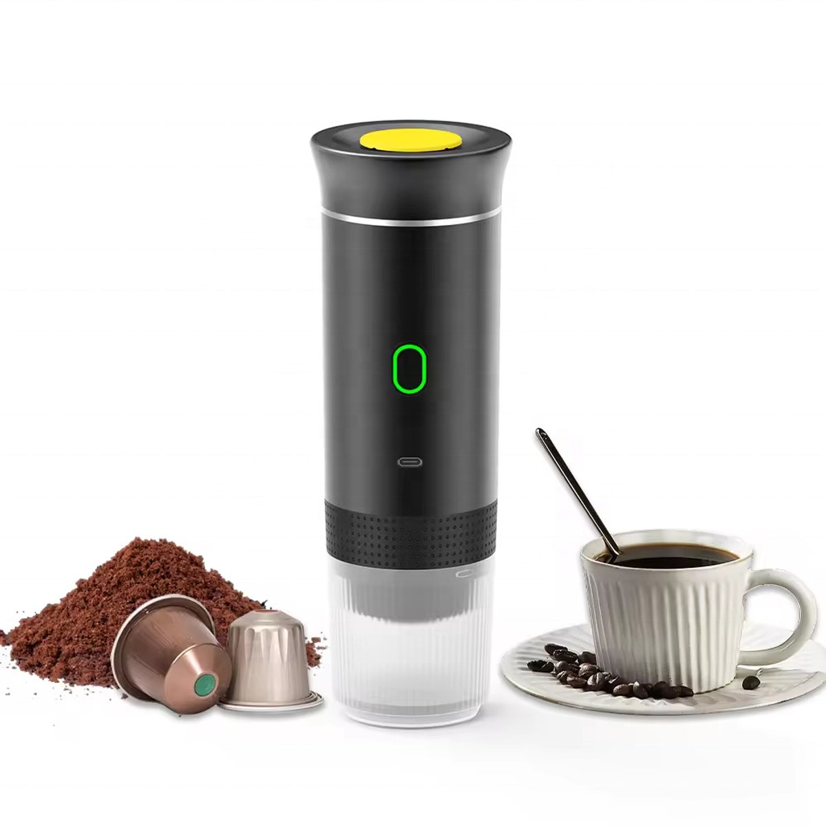 Draadloze, draagbare elektrische koffiemaker met USB-C-poort, zelfverwarmend, oplaadbaar, geschikt voor reizen, kamperen, campers, thuis, kantoor, enz. (Zwart)