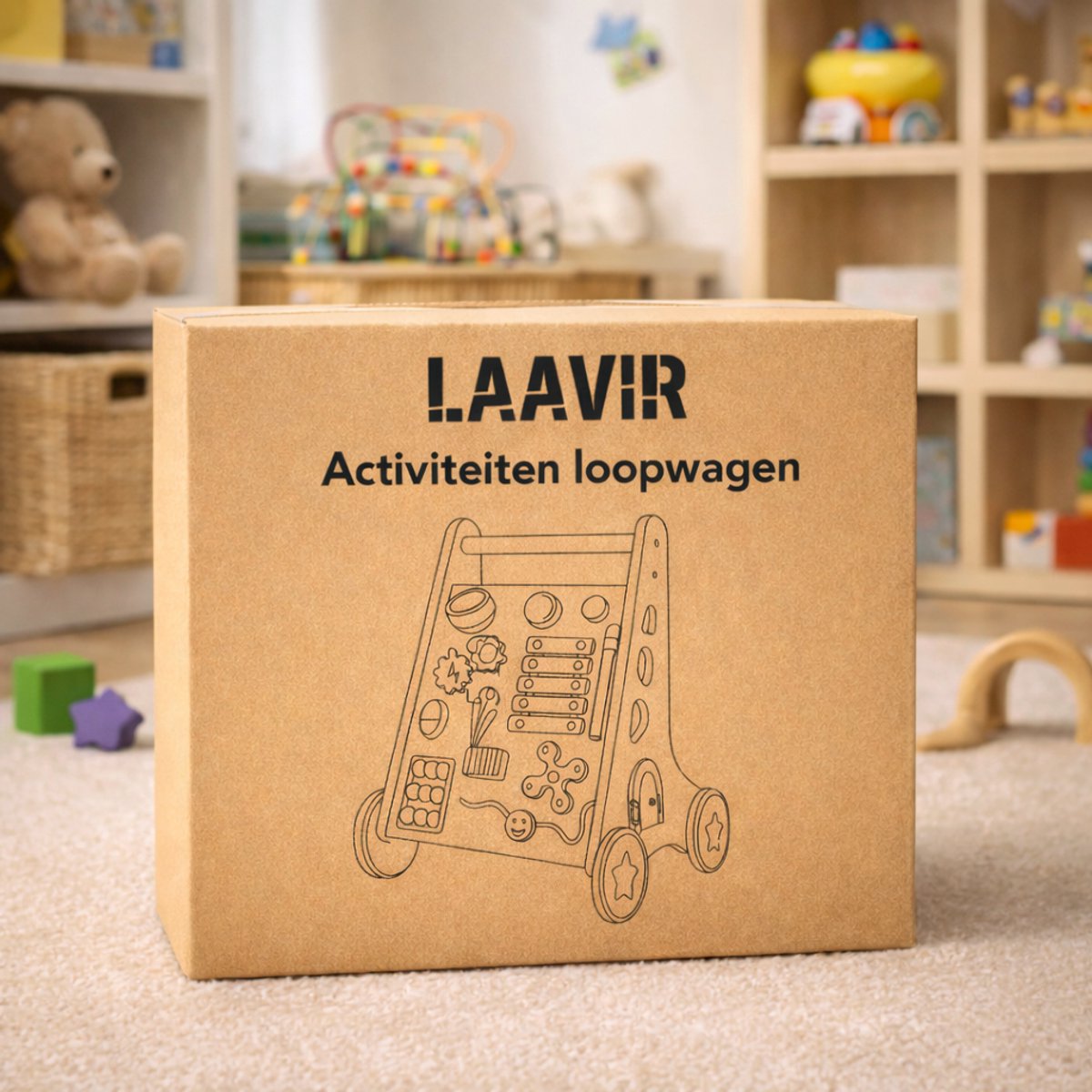 Laavir Houten Loopwagen met Activiteitenpaneel - Baby Walker met Xylofoon, Spiegeltje, Klok en Vormen - Montessori Speelgoed vanaf 1 Jaar - Lichtgroen — afbeelding 7