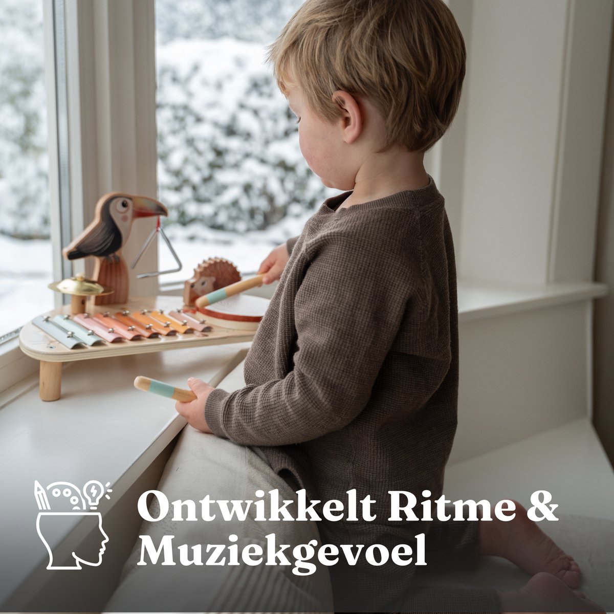 Beebie Babbels - Muziektafel – Muziek Speelgoed - Houten Speelgoed - Speelgoedinstrumenten - Muziekspeelgoed 1 jaar - Met Xylofoon, Triangel en Trommel — afbeelding 6
