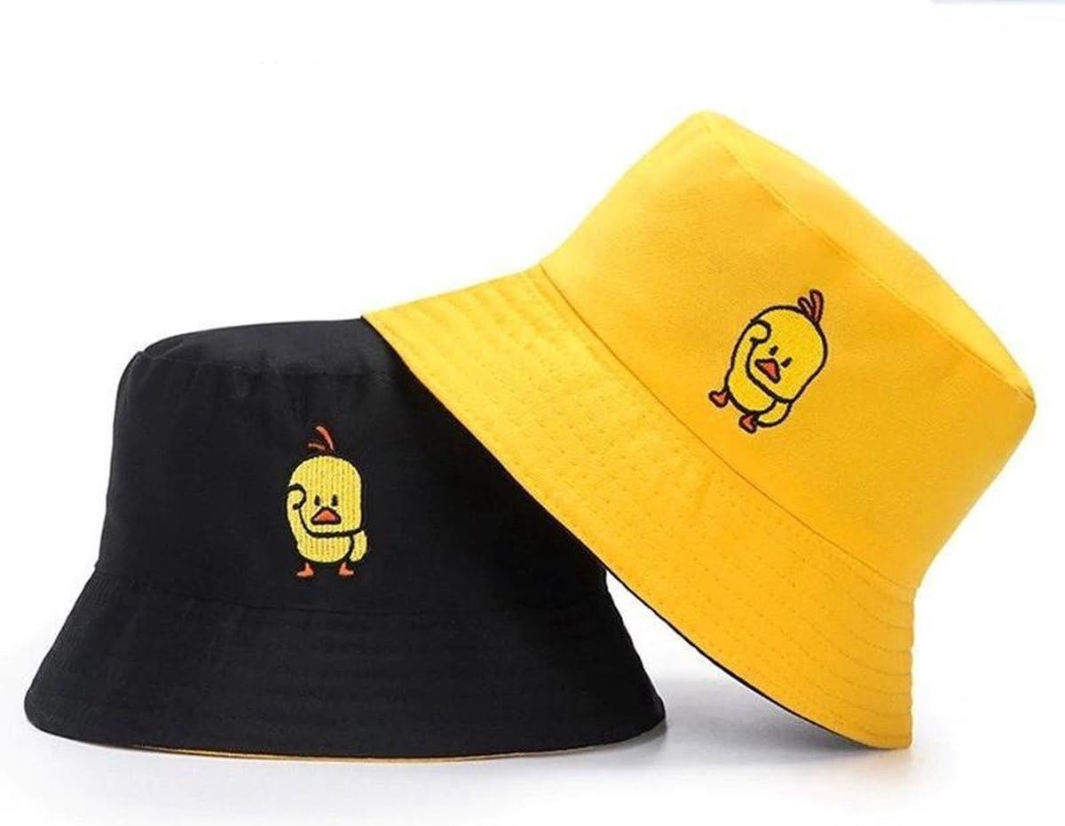 Okado Omkeerbare Bucket Hat Eend Geel/Zwart – Reversible Vissershoedje van Katoen – One Size tot 58 cm – Unisex
